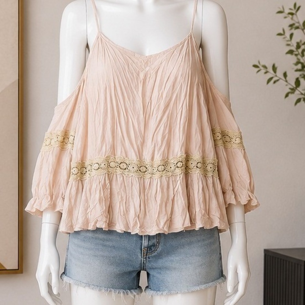 Tea N Rose Women Blouse Cold Shoulder Crochet Lace Trim Blush Pink Small